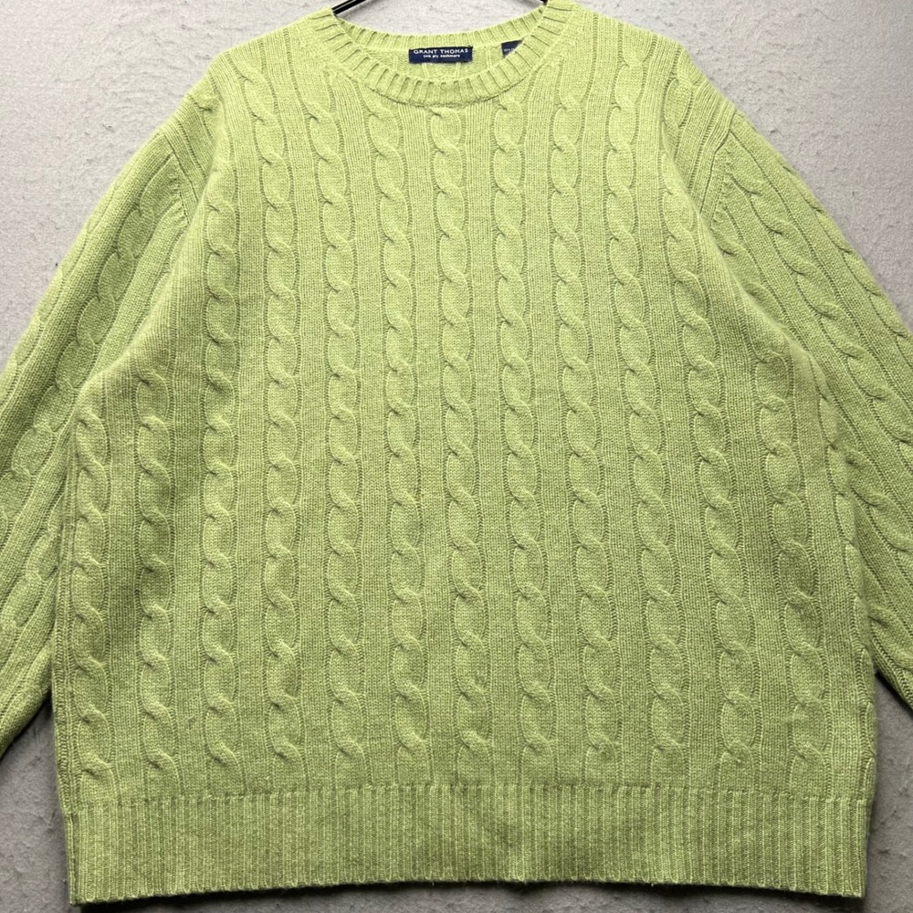 Grant Thomas Mens XXL Lime Green 100% Cashmere Cable Knit Crewneck Sweater 1548